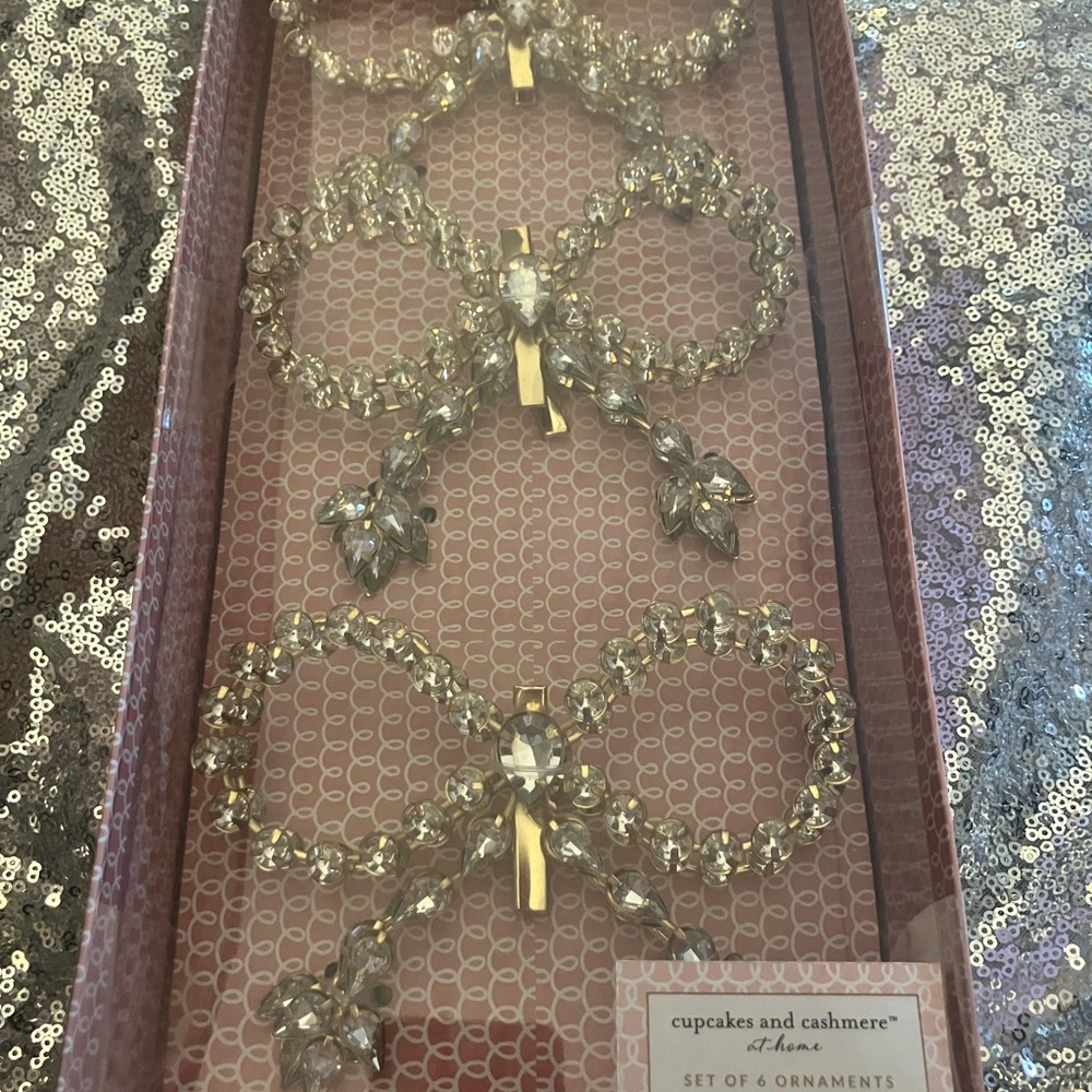 Cupcakes & Cashmere Gold and Clear Rhinestone Holiday Bow Ornaments